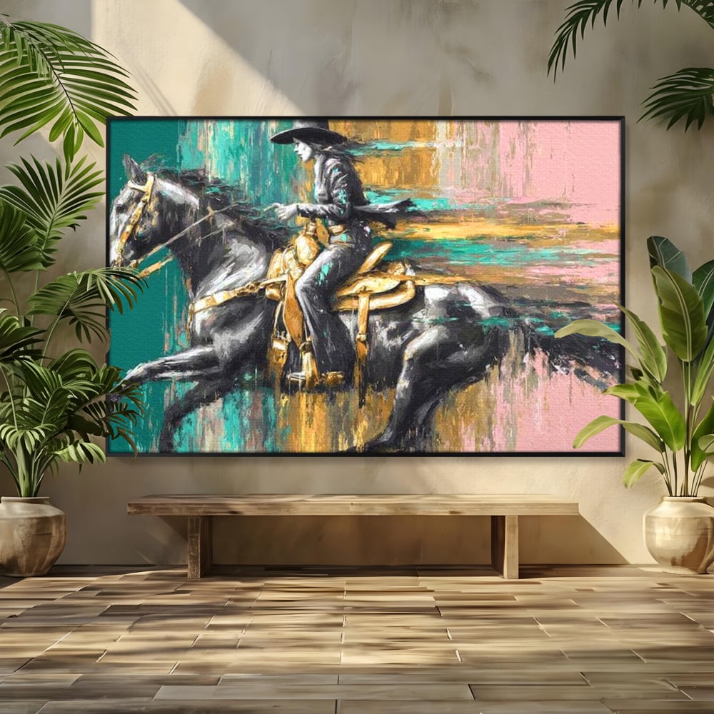 Tablou canvas cu pictura cu femeie calare pe armasar, in rama de aluminiu negru